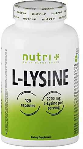 nutri + L-Lisina Cápsulas altas dosis + vegano - 2200mg por porción diaria - testado en laboratorio - 120 Caps 550mg cada una - bloque constructor de colágeno y tejido conectivo