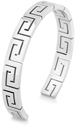 Akitsune Argius Mäander armband | grekiska antika armsmycken kvinnor män rostfritt stål armband manschett – silver svart guld, 55mm, Rostfritt stål