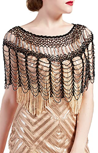 BABEYOND 1920er Jahre Schal Wraps Gatsby Perlen Abendumhang Brautschal Bolero Flapper Cover Up, schwarz/silberfarben, Einheitsgröße