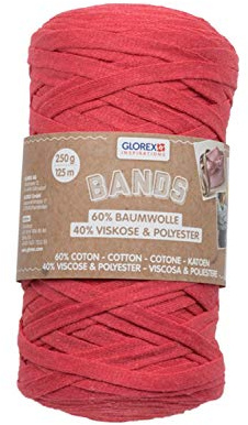 GLOREX 5 1005 01 Bands Macrame Super Soft Textile Yarn 60% Cotton / 40% Viscose for Crocheting, Knitting, Knotting and Textile Design, 250 g, Approx. 125 m, Red