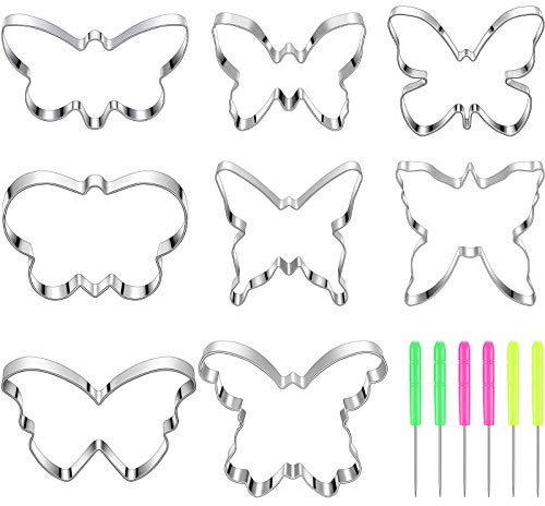 8 Pieces Butterfly Cookie Cutter Set Stainless Steel Metal Biscuit Cutter Mould and 6 Pieces Sugar Stirring Pins for Sandwich Chocolate Fondant Biscuit Cake Kitchen Baking