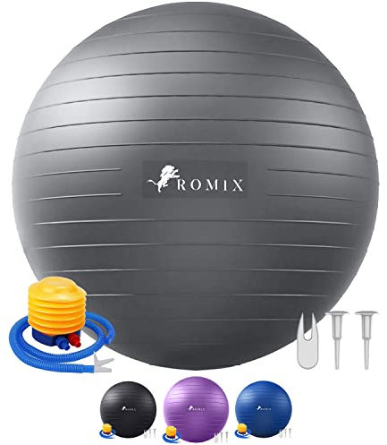 ROMIX Gymnastikball 55cm 65cm 75cm, Anti-Burst Sitzball mit Luft-Pumpe für Balance und Stabilität, Aufblasbarer Pilates Ball für Yoga Übung, Ball für Fitness, Gymnastikball Schwangerschaft - Silber
