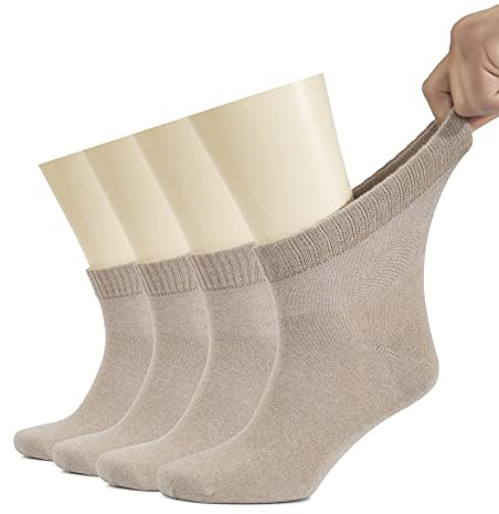 Hugh Ugoli Men's Cotton Diabetic Ankle Socks, Wide, Thin, Loose Fit and Stretchy, Seamless Toe & Non Binding Top, 4 Pairs, Light Beige, Shoe Size: 8-11