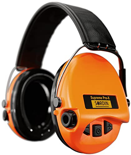 Sordin Protector auditivo Pro-X - 75302-X/L-02-G-S - protector auditivo activo de caza - EN 352 - almohadilla de gel, banda de cuero y cápsula naranja