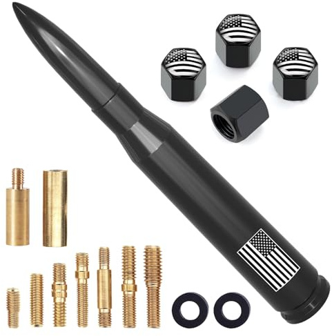 Car Truck Antenna with Tire Valve Caps American Flag Universal Short Replacement for GMC Sierra Chevy Silverado Dodge Ram 1500 2500 3500 Ford F150 F250 F350 Super Duty Raptor Radio Accessories, Black