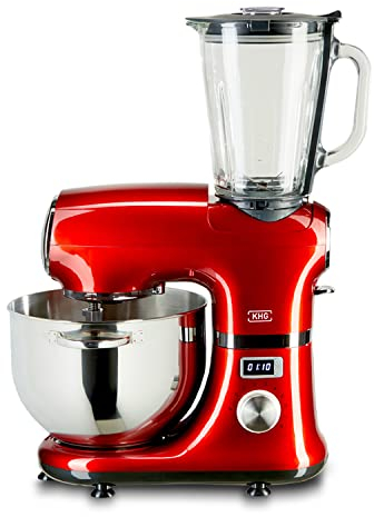 KHG Küchenmaschine Rot Teigmaschine leise 80 dB 1000 Watt, Knetmaschine Kuchenmaschine Rührmaschine, 1,5 Liter Edelstahlschüssel, Mixer Aufsatz, 8 Leistungsstufen, Timer, EIS-Crush-Funktion, Saugfüße