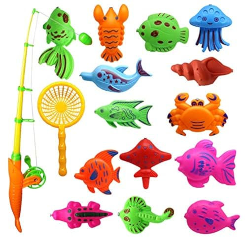 zalati Fishing Bath Toy Bath Game Set for All Ages Pool Water Game Outdoor - 13pcs Fish + 1pcs Magnetic Fishing Rod and Plastic Net - Random Colors and Fishs