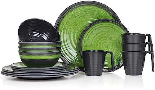 Vaisselle de camping en mélamine pour 4 personnes Vert pierre + 4 tasses à café en pierre