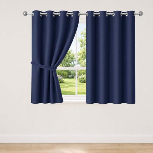 AMEHA Blackout Eyelet Curtains Thermal Insulated Navy Curtains for Bedroom Darkening Noise Reducing Drapes Curtain 46 X 54 Inch 2 Panels with Tiebacks
