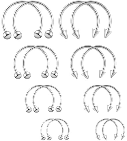 Yolev 16 PCS Septum Jewellery 16G Surgical Steel Horseshoe Septum Jewelry Hoop Set Piercing Jewellery Eyebrow Tragus Helix Lip Rings Different Sizes Horse Shoe Nose Ring for Women Men (Silver)