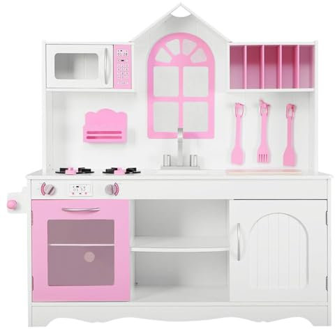 FANTASK Cucina per bambini, cucina giochi in legno con lavello e gancio, forno e microonde, cucina per bambini con accessori, cucina giocattolo per bambini a partire dai 3 anni, rosa e bianco