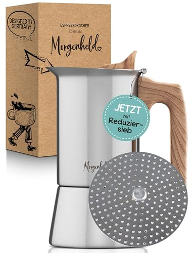 Morgenheld Espressokocher Edelstahl mit Reduziersieb – wahlweise 2–4 Tassen (200 ml) – induktionsgeeignet, für alle Herdarten – kompakte Mokkakanne mit spülmaschinenfestem Einsatz