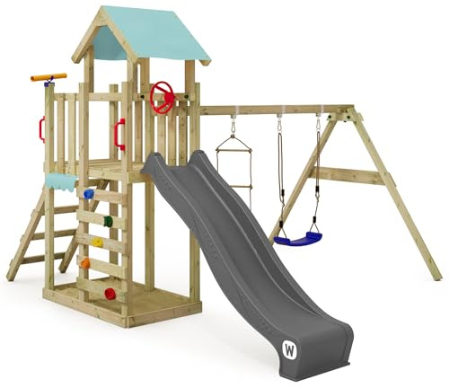 Wickey Torre da arrampicata MultiFlyer Light, altalena e scivolo, torre da arrampicata per bambini all'aperto con sandbox, scala e accessori da gioco per il giardino - antracite