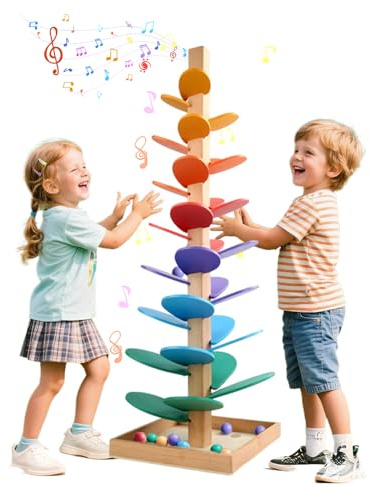 WRQIOO Montessori Sound Tree, 30 Pieces Wooden Marble Run, Rainbow Musical Tree with 10 Rainbow Balls, 6 Colorful, Wooden Ball Drop Toy, Montessori Toys for Kids 3+ Years Old