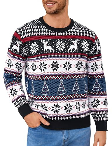 Leversic Suéter de Navidad para Hombre Punto Jersey de Invierno con Cuello Redondo Diseño de Renos y Copos de Nieve para Navidad S-XXL(Negro,L)