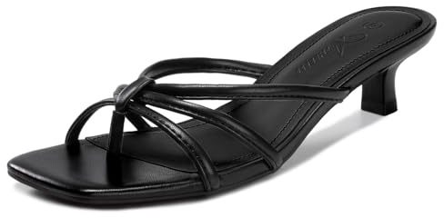 Athlefit Black Kitten Heels for Women Square Toe Summer Low Heels Slip On Flip Flop Strappy Heeled Thong Sandals Size 9