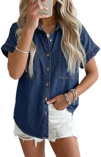 Sidefeel Women's Button Down Denim Shirt Collared Short Sleeve Jean Shirt Blouse with Pockets Bluing X-Large