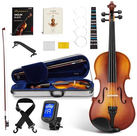AKLOT Handcrafted Full Size Violin: Solid Wood Matte Fiddle, Acoustic Beginner 4/4 Violin Kit with Hard Case, Lesson Book, Bow, Shoulder Rest, Extra Strings, Tuner, Fretboard Stickers (VRT-AmiCS)