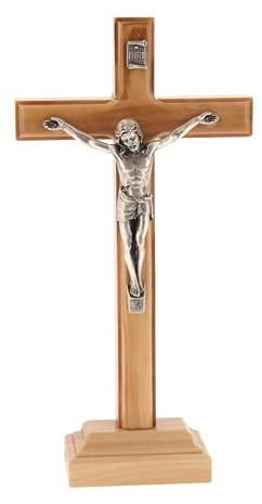 SHALOM - Crocifisso in Legno D'ulivo E Corpo in Metallo con Base. Altezza 18,5 Cm