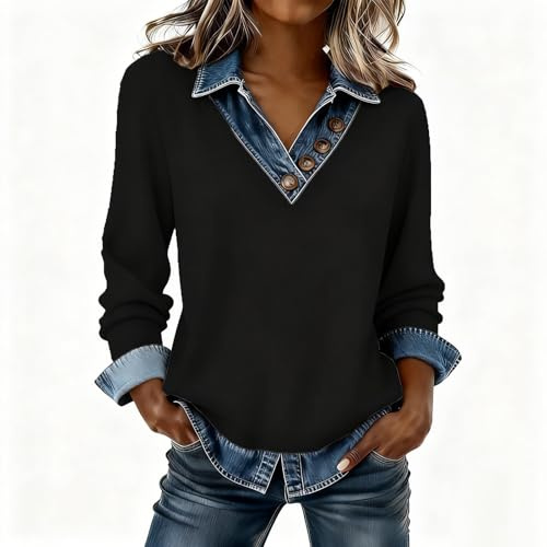 T Shirts for Women UK, Women's Denim Patchwork Sweatshirt Pullover Long Sleeve V-Neck Shirt Blouse Button Down Shirts Trendy Ladies Blouses Tops Casual Lightweight Spring Fall Outfits​