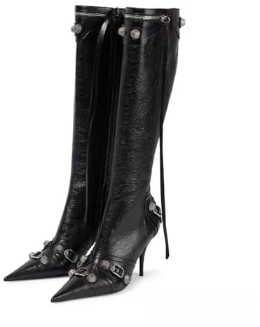 HYFEUOKF Talons aiguilles à bout pointu avec clous en métal, bottes de défilé de style moto avec boucles de ceinture et pompons