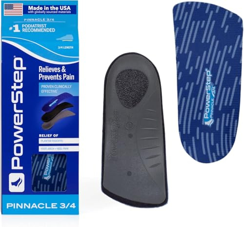 PowerStep Pinnacle 3/4 Orthotic Insole for Tight Shoes, Plantar Fasciitis Relief, Arch Supports Orthotic Insoles for Women and Men, Made in The USA (Men's 7-8.5 / Women's 9-10.5)