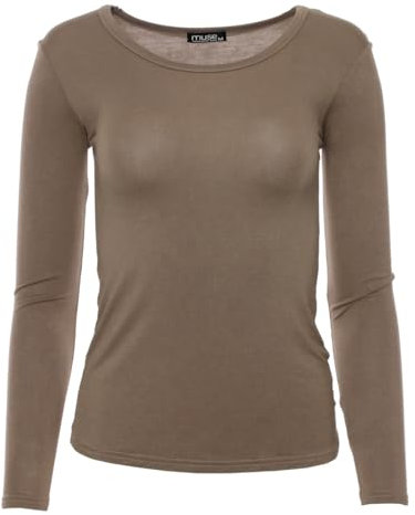 Easy Young Fashion - Damen Basic Rundhals Shirt - Langarm Unterziehshirt - Skinny Fit 1093 - Hellbraun L