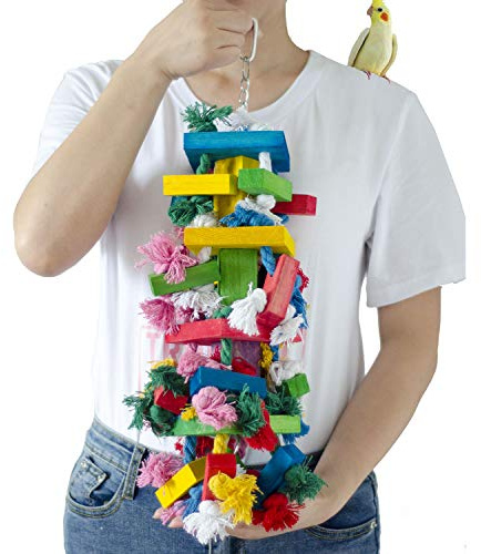 Deloky Bird Block Knots Tearing Toy- 19.7 inch Multicolored Natural Wooden Parrot Chewing Toy Suggested for Macaws cokatoos, African Grey and a Variety of Amazon Parrots. (Large Size)