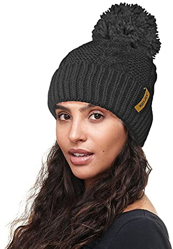 RockJock R80 Warm Chunky Cable Knit Pom Pom Hat with Thermal Insulating Teddy Fleece Liner