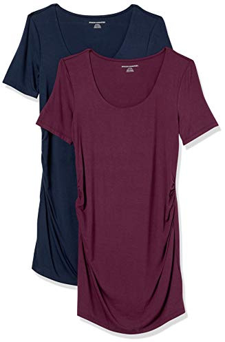 Amazon Essentials T-Shirt con Scollo Rotondo e Arricciatura a Maniche Corte Premaman Donna, Pacco da 2, Bordeaux/Blu Marino, L