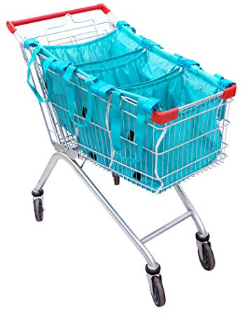 Handy Sandy 3-Pack Reusable Grocery Cart Bags – Foldable Shopping Organizers with Universal Cart Clips, Zipper Pockets, PE Board Base, Heavy-Duty 210D Polyester (Teal)