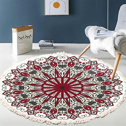 Tomifine Round Rugs Bohemian, Cotton Woven Area Rugs with Tassels, Washable Circle Rug Chic Floor Mats for Bedroom Kitchen Living Room Entryway (120cm/47.24in,Red)