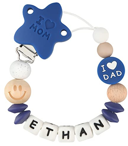 Personalized Pacifier Clip with Name for Baby Boys Girls Customized Paci Leash Binky Chain Holder(Navy Blue)