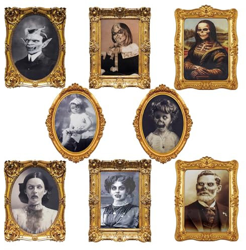 ECGER Halloween Decorations Indoor Scary 3d Changing Face Pictures, Moving Portrait Frame Decor, for Horror Party Ghost Castle Haunted House Home Decoration (8 Pieces)
