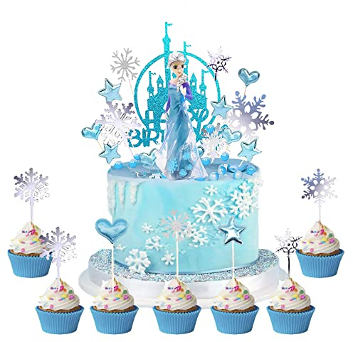 IRONIUM 26 Stück El-sa Tortendeko mit Figur, Eiskön-gin Kuchen Deko, Geburtstagsparty Deko, Cake Topper Geburtstag, Happy Birthday Topper, Cupcake Topper für Mädchen Geburtstagsdeko