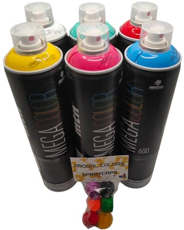 Lot de peinture en spray 6 x 600 ml Mega Colors + 6 buses