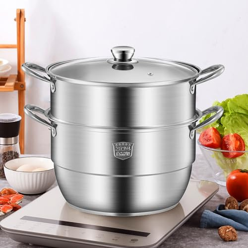 Steamer for Cooking, Food Grade Stainless Steel Steamer Pot, 11 inch Steam Pots with Glass Lid 2-tier for Cooking Vegetables, Seafood, Soups, Stews and Pasta Cooking Tool (28cm)