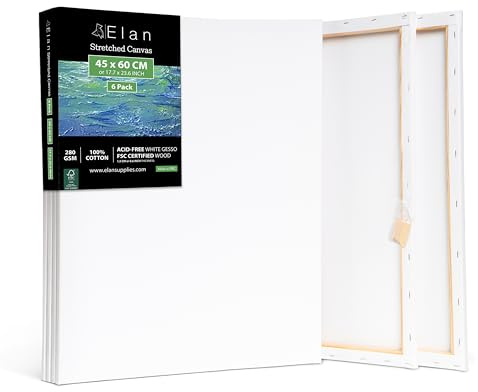 Elan Toile Peinture 45x60, Lot de 6 Toiles à Peindre 100% Coton, 280GSM Canvas Painting 45x60, Toile à Peindre, Chassis Entoilé, Canvas 60x45