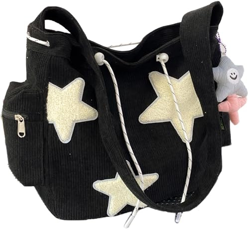 Makukke Y2K Corduroy Shoulder Bag Women, Cute Tote Bag Large Crossbody Bag for School Office Work Travel Shopping,Black Tote Bag