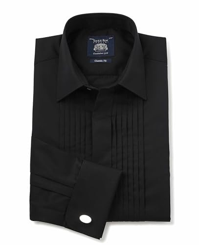THE SAVILE ROW COMPANY LONDON Men's Classic Fit Pleated Front Black Evening Dress Shirt - Double Cuff - 16.5 Collar - Standard