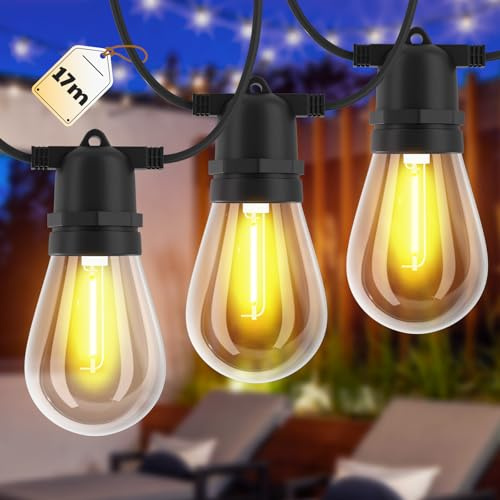 Velway Cadena de Luces LED Exterior - 17M/55.7FT, IP65 Impermeable, Bombillas Irrompibles 15+1, 2700K Luz Cálida para Jardín, Terraza, Fiesta, Balcón, Boda, Interior y Exterior