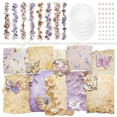 Estetisk klistermärke med fjärilstema Präglat blommönster Dekorativt pappersset Retro banddekal Vintage Decoupage Pack för Scrapbook Tillbehör Journal Kit Korttillverkning Collage (Jenny)