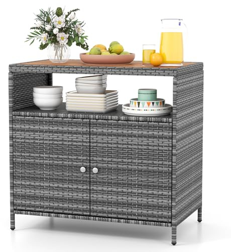 GIANTEX Armadietto da giardino, credenza in rattan, armadio portaoggetti con piano di lavoro e mensola, armadio per giardino, balcone e piscina, 90 x 53 x 86 cm, grigio