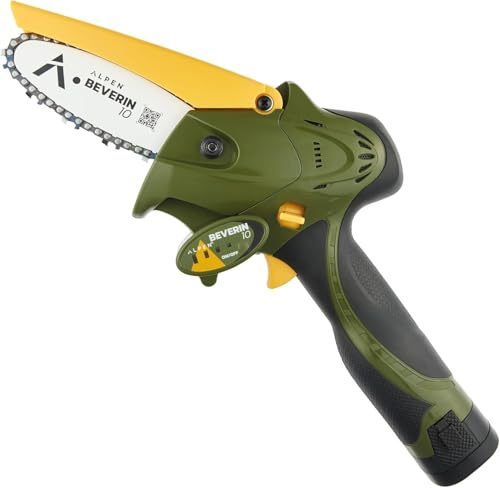 ALPEN Beverin 10 - sladdlös elektrisk motorsåg 10 cm - kraftfull motor, 2 x 14,4 V Li-ion-batterier, automatisk smörjning, komplett underhållssats, portfölj, bälte, 3-vägs laddare
