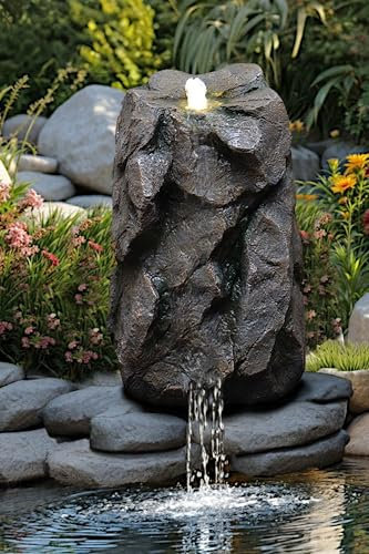 Künstlicher Quellstein Felsen mit LED Beleuchtung OG-KQS001 Realistische Steinoptik, inkl. 2 m Schlauch – Wetterfest für Teich & Bachlauf Wasserfall