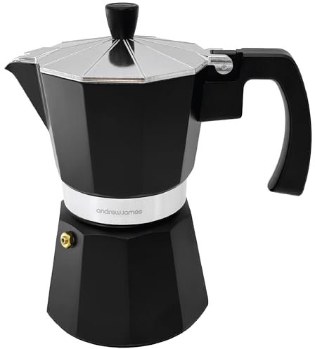 andrew james 6 Cup Moka Pot Coffee Percolator, Italian Espresso Maker Stove top Coffee Maker for Ground Coffee, Aluminium Mocha Pot with Cool Touch Handle (Black)