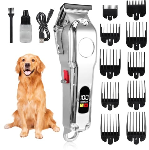 tlidfgeo Professional Dog Clippers for Thick Hair, Low Noise Cordless Dog Grooming Clippers, Rechargable Pet Shaver Trimmer with LED Display/10 Guide Combs for Dogs Cats