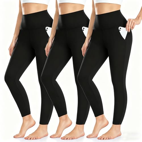 BLONGW 3 Pack High Waisted Yoga Leggings for Women UK – Buttery Soft Activewear Leggings with Pockets, Tummy Control Non-See-Through Gym & Running Pants for Everyday Comfort(Black,L-XL)