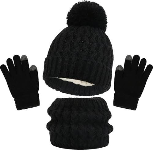 SSKHE - Bufanda de sombrero de invierno y conjunto de guantes, Pom Bobble Hat Knitted Warmth Crochet Thick Fluffy Scarf Two Fingers Touch Screen Gloves Set for Boys and Girls 2-8 (Black)