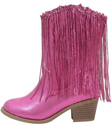 Bottes d'hiver pour filles 2026 en cuir de couleur unie tendance pour enfants, cow-boy occidental, automne et pampille pour enfants décontractés 2024, rose vif, 35 EU